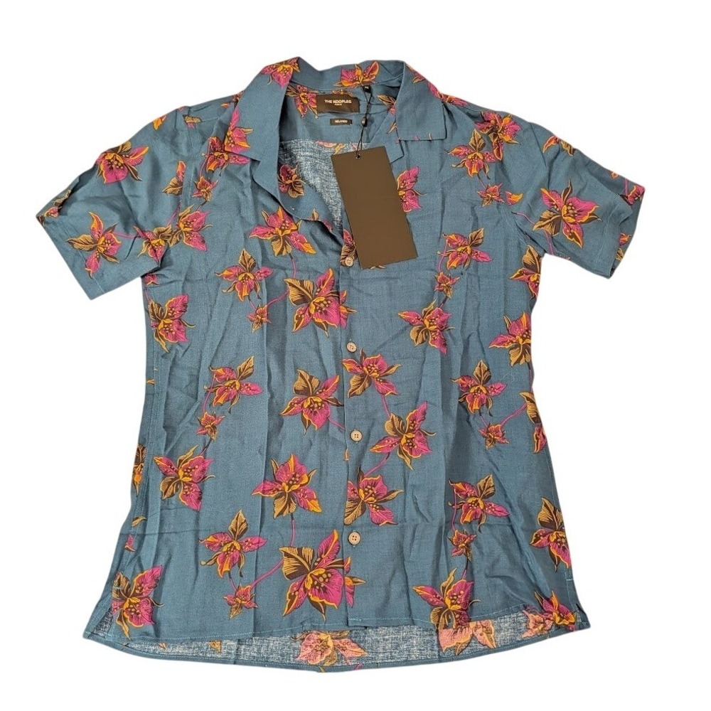 The Kooples Paris Men Blue Floral Short Sleeve Spread Collar Button Up XS NEW - Picture 3 of 9